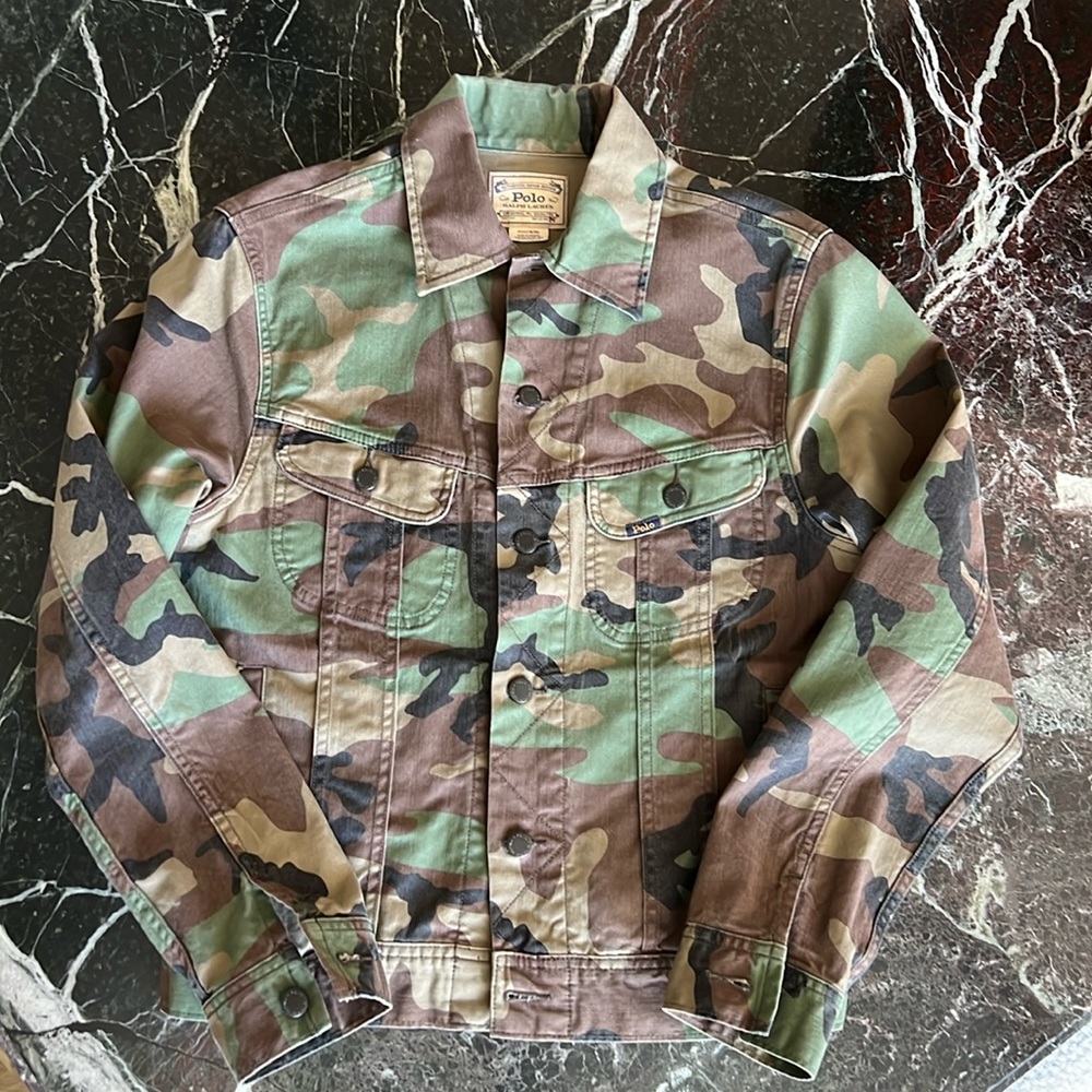 Ralph Lauren POLO Camouflage Camo Denim Jacket Logo Patch Small
